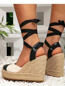 Sandali con zeppa casual da donna, con tomaia intrecciata e suola spessa, chiusi con punta, bicolore, con lacci, suola platform traspirante e suola spessa, adatti per casual, vacanze, feste, spiaggia