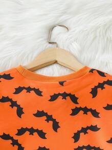 2 peças/conjunto Tween Girl Hollow Bat Print Cropped Sweatshirt & Ribbed Form-Fitting Cami Dress Casual Vacation Outfit, Outono