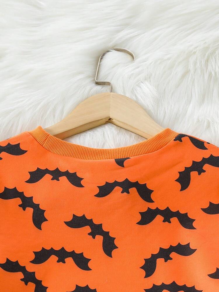 2pcs/Set Tween Girl Hollow Bat Print Cropped Sweatshirt & Ribbed Form-Fitting Cami Dress Casual Vacation Outfit, Fall - Yellow - View 9