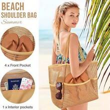1pc Women's Mesh Beach Tote Bag, Suitable For Picnics, Shoulder Carry Tote Bag, Pool & Leisure Travel Bag, Essential For Beach Vacation, Foldable With Zipper Pocket Large Swimsuit Beach Bag, Waterproof And Anti-Sand Mini Pocket, Suitable For Women Beach Bag, Fit For Picnic, Vacation, Swimming, Beach Travel, Storage Tote