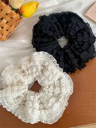 2pcs/1pc Black & White Elegant Lace Hollow Scrunchies, Versatile Faux Silk Floral Pattern Hair Ties, Soft Women Hair Accessories, Hair Scrunchies, Hair Ties, Ponytail Holders Hair Elastics