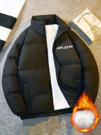 Jaqueta masculina grossa e quente, lançamento outono/inverno, casaco acolchoado com estampa de letras e gola alta, jaqueta acolchoada preta de manga comprida, elegante e à prova de frio