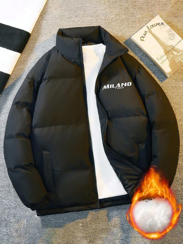 Men's Thickened Warm Jacket, Autumn/Winter New Arrival, Stand Collar Letter Print Padded Coat, Black Long Sleeve Fashionable Cold-Proof Padded Jacket