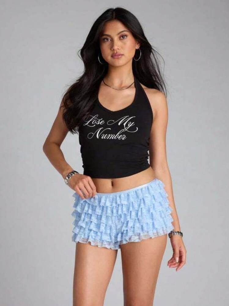 Women's Lace Sexy Short Shorts, Cake Pants, Fashionable And Generous, Suitable For Home Comfort - 藍色 - 查看 3