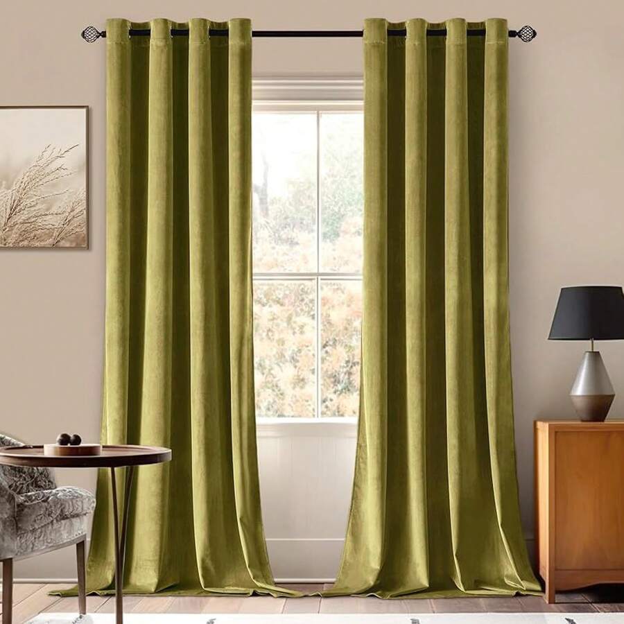 2 Panels Blackout Curtains Solid Soft Grommet Mustard Yellow Thermal Insulated Soundproof Room Darkening Curtains/Drapes/Panels Fall Living Room Bedroom 52 X 90 Inch - 苔綠色 - 查看 1
