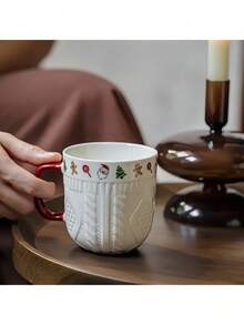 1/2pcs Ceramic Couple Mugs, Embossed Holiday Pattern - Christmas And Valentine's Day Gifts, Home Kitchen Red Handle Dishwasher Coffee Cups, Holiday Mug Gifts | Romantic Gift Mugs | Ceramic, Coffee Couples Gifts | Valentine's Day And New Year Gifts, Lady Milk Cup, Coffee Cup, Water Cup - Multicolor - View 5
