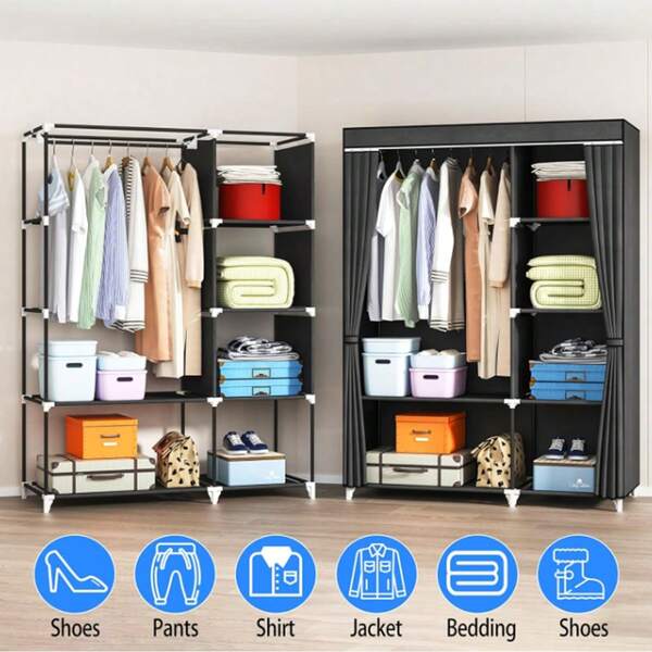 1pc Portable Wardrobe With Hanging Rod, 6 Storage Spaces, Easy Assembly, Suitable For Bedroom, Black/Grey, Metal Material, Closet With Non-Woven Fabric Covered Hangers, Clothes Organizer, 6 Storage Spaces