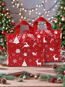 10/20个装圣诞礼品袋，红色圣诞树、驯鹿、星星、雪花图案礼品袋，圣诞派对装饰礼品包装，圣诞家庭聚会礼品包装用品，圣诞购物塑料袋，耐用塑料袋，圣诞厨房包装用品，2026新年装饰，圣诞装饰，圣诞礼物，圣诞礼品，派对小礼品 - 紅色聖誕 - 查看 3