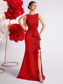 ADYCE Women High Waist Pleated Ruffle Trim Open Back Party Ball Gown Formal Dress,For Prom, Party,Cocktail Party,Date Night,Wedding Guest,Christmas Party Dress