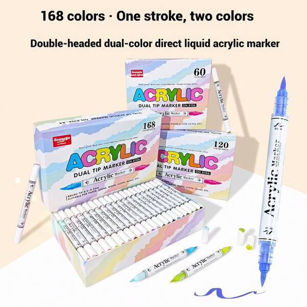 60/120/168 Colors Dual-Tip Acrylic Marker Pens, Soft Dual-Color Markers, Chisel Tip Liquid Graffiti Pens, Professional Art Drawing Tools, Suitable For Student Art Learning, Ideal Back-To-School And Christmas Gift For Friends And Students