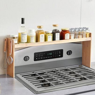 Over The Stove Shelf, Over Stove Spice Shelf For Kitchen Stove Top, Seasoning Shelves, Spice Organizer, Easy To Assemble Countertop Storage Solution, Kitchen Gadgets With 6 Hooks