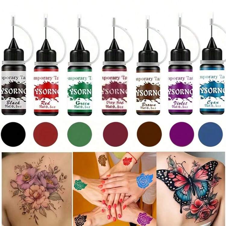 7-Color Henna Tattoo Cream + 62  Pattern Tattoo Stencils And Hand Templates Tool Set,  Body Art Marking Gel DIY, Semi-Permanent Tattoo Cream Face Body Painting Body Art Suitable For Halloween, Christmas, Birthday, Stencils Are Easy To Wash - 彩色 - 查看 2