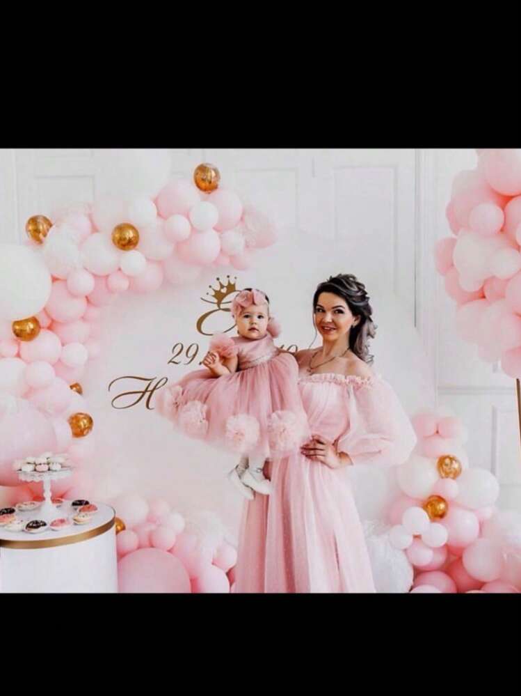 Vestido elegante de fiesta de Navidad con mangas cortas y volantes de tul con flores 3D en rosa para niñas, vestido de princesa adecuado para la fiesta del 1er cumpleaños de la bebé, boda, Acción de Gracias - Rosa - Añade 8