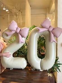 2个40英寸特大号米白色数字铝箔气球，带粉色蝴蝶结，适合生日派对装饰、周年庆典等场合。 - 奶油白 - 查看 5