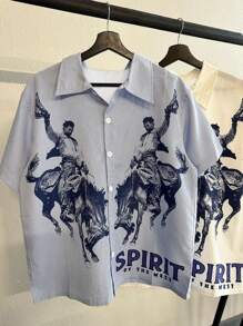 Plus Size Men's Summer New Short Sleeve Polo Shirt, Floral Print, Plus Size Stylish Fashion - Blue - View 1