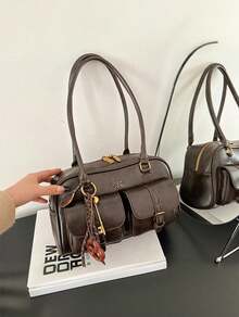 Women's Retro Solid Color Pu Leather Shoulder Bag With Multiple Pockets Large Capacity Comes With A Detachable Accessory Charm, Vintage Bag For Women - Cà phê nâu - Xem 6