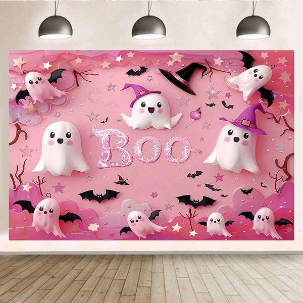 1 PC Toile de fond de fête thème Halloween en rose "Boo", fantômes blancs mignons, chapeaux magiques roses, motifs de chauves-souris et d'étoiles. Cette toile de fond de fête convient à la décoration murale intérieure et extérieure, aux accessoires de studio photo et à différentes tailles (39,4 x 29,5 pouces / 59,1 x 39,4 pouces / 82,7 x 59,1 pouces)