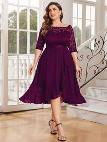 MIUSOL Plus Off Shoulder Floral Lace Half Sleeve Ruffle Hem Prom Party Swing Dress, Autumn Dress, Fall Dress, For Wedding Guest, Graduation, Dinner