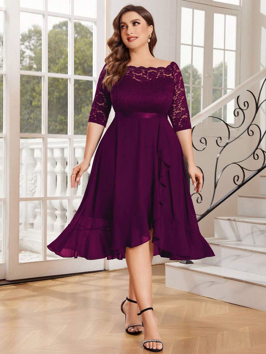 MIUSOL Plus Off Shoulder Floral Lace Half Sleeve Ruffle Hem Prom Party Swing Dress, Autumn Dress, Fall Dress, For Wedding Guest, Graduation, Dinner