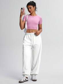 TCVC 女士休闲高腰抽绳宽松慢跑裤，高弹力腰带，宽松舒适，适合运动、休闲穿着、返校季、秋冬季紧身裤 - 白色 - 查看 5