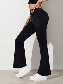 1件装蝴蝶印花高腰口袋瑜伽裤，女士休闲喇叭裤，适合秋冬季节，户外骑行、健身、瑜伽皆宜，黑色抓绒面料 - 黑色 - 查看 3