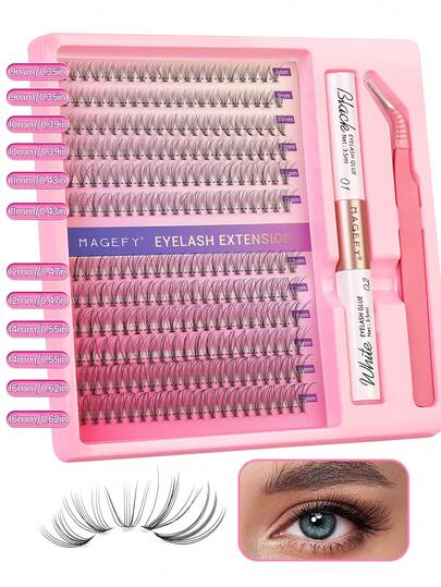 MAGEFY 240/480片睫毛嫁接套装，DIY单根睫毛，含胶水和镊子，10D/20D/30D自然蓬松假睫毛，仿貂毛材质，化妆工具