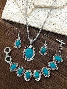 1 套复古波西米亚风格绿松石花卉几何图案首饰套装：2 件耳环、1 件手链、1 件项链，适合女士和女孩，适合约会、聚会、派对、度假、日常佩戴 - 彩色 - 查看 8