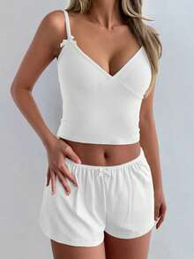 GAOVOT Women's Two Pieces Butter YellowY2K Sexy Pure Casual Solid Color V-Neck Strap Slim Shorts Suit