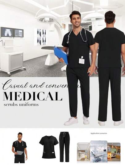 Conjunto de pijama médico de cuello en V negro de manga corta, uniforme médico para médicos y enfermeras