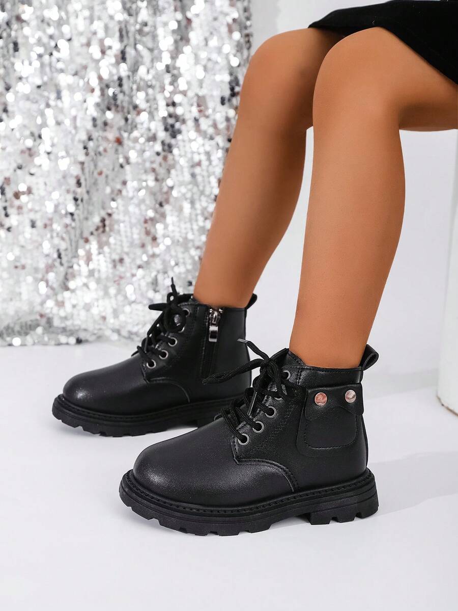 2025新款女童靴子适合秋冬四季穿英伦风儿童软底踝靴男童皮靴幼儿靴 - 黑色 - 查看 1