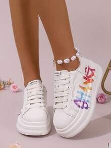 (Thick-Soled White Shoes) Women's Casual Sports, Low-Top 4D Printed 5.5 Cm Thick-Soled Heightened Wedge-Heeled Thick-Soled Sports Shoes, Four-Season Student Shoes, Outdoor Sports Running Shoes, Lace-Up Lightweight Women's Sports Shoes - 米色 - 查看 4