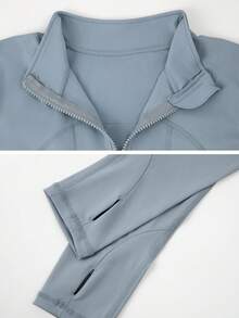 1件女士速干透气立领拉链运动上衣，运动服 - 藍色 - 查看 6