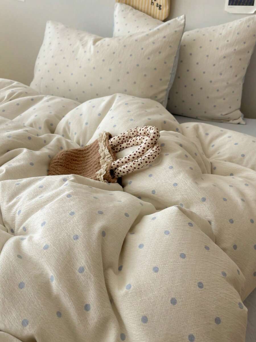 4pcs Bedding Set, Including (1*Duvet Cover + 1*Bed Sheet + 2*Pillowcases, No Filler), Blue & White Polka Dot Pattern, Delicate Print, Machine Washable