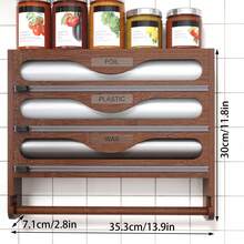 1pc Bamboo Plastic Wrap Dispenser, Aluminum Foil Dispenser With Paper Towel Holder, Foil And Plastic Wrap Organizer, Suitable For Kitchen-Back To School