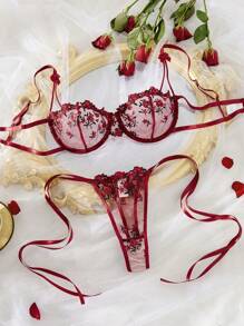 Florales Stickerei Schleife Dekor Ausschnitt Sexy Dessous Set, Rave