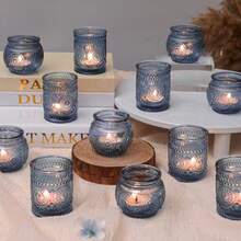 12pcs Vintage Nordic Style Sunflower Glass Candle Holders, Romantic Atmosphere Tabletop Decor Candle Cups, Suitable For Wedding, Dining Table Decoration