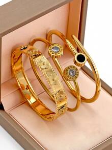18K 镀金不锈钢花卉手镯，经典花朵和罗马数字铆钉设计，防水，欧式多层腕饰套装，适合女士、休闲、婚礼、派对、情人节礼物 - 彩色 - 查看 9
