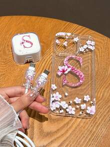 四件套（1个手机壳 + 1个英规插头充电器保护套 + 2个数据线保护套），UV喷绘粉色花朵和字母S图案，兼容 17/17 Pro/17 Pro Max/Air/16/16 Pro/16 Pro Max/16 Plus/7/8/7P/8P/X/XS/XR/XS Max/11/11 Pro/11 Pro Max/12/12 Pro/12 Pro Max/12 Mini/13/13 Pro/13 Pro Max/14/14 Pro/14 Plus/14 Pro Max/15/15 Pro/15 Plus/15 Pro Max - 彩色 - 查看 2