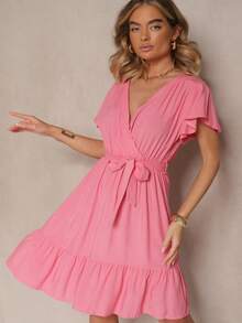 Viscose Dress With Wrap Neckline And Belt - Pink - View 1