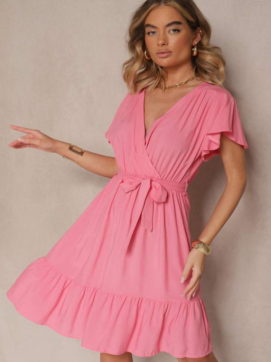 Viscose Dress With Wrap Neckline And Belt - Pink - View 1