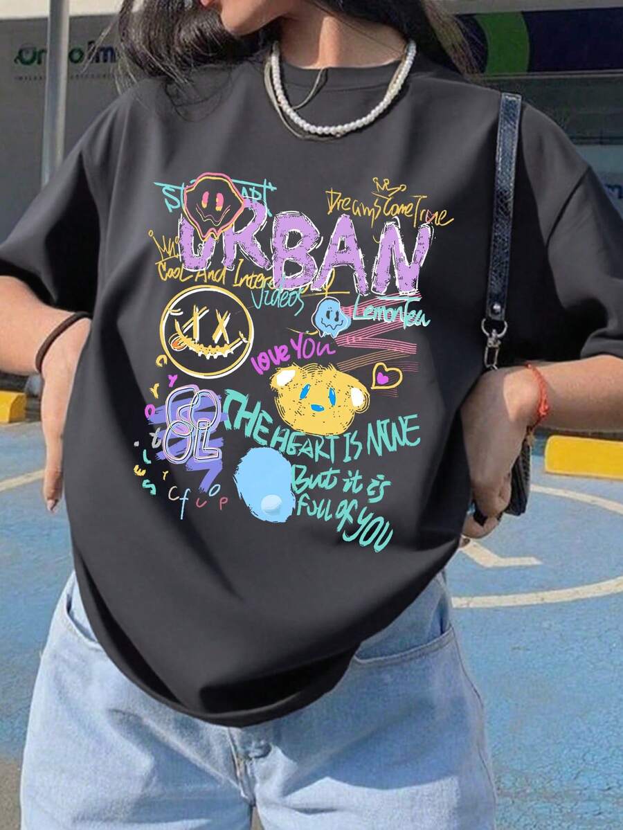 Teenage Girls' Graffiti Urban Print Soft Short Sleeve T-Shirt, Casual Street Style Summer Top - Dark Grey - View 1