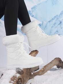 女士冬季户外雪地靴，防滑厚中筒保暖雪地靴 - 白色 - 查看 4