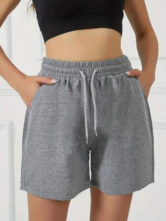 3 件纯色休闲短裤，抽绳松紧腰跑步健身短裤，女士运动服