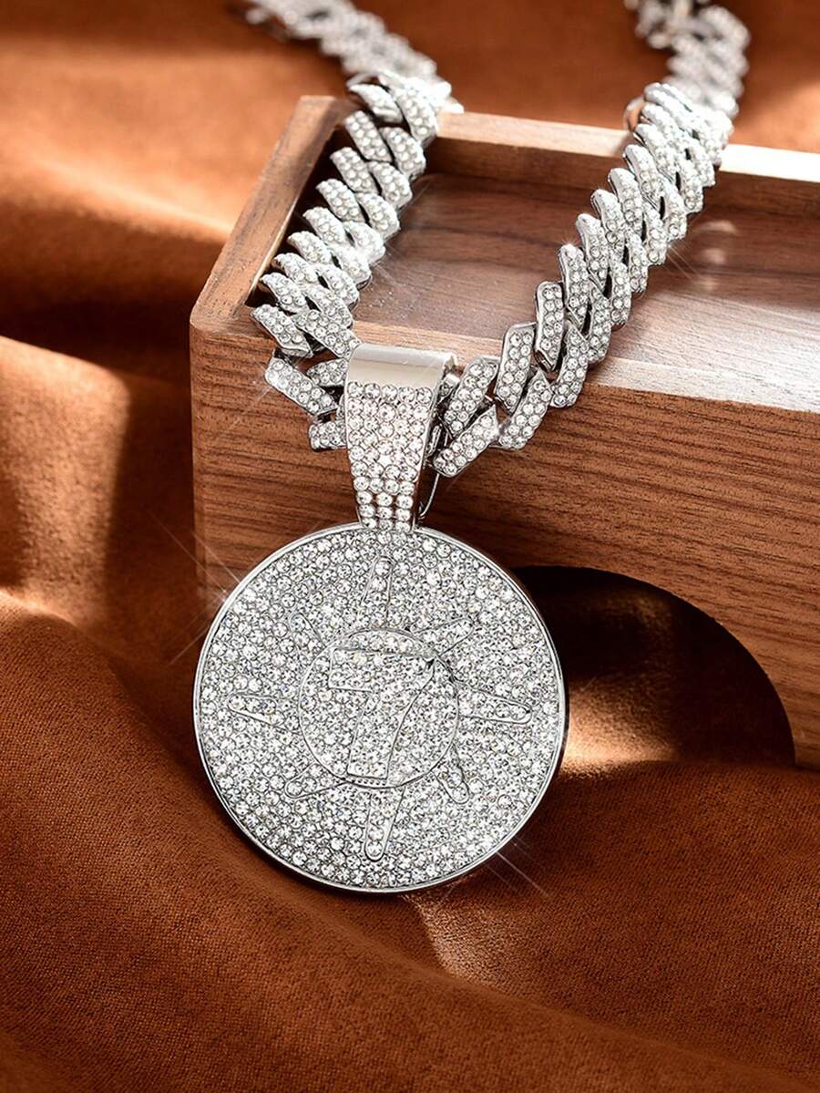 Dây chuyền mặt số "7" phong cách Hiphop Punk, hợp kim kẽm, mạ K trắng, xích , trang sức mặt dây chuyền đá tròn thời trang