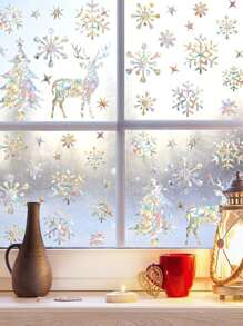 2 张圣诞雪花麋鹿冬季彩虹窗贴装饰 PVC 彩色玻璃窗贴家居新年装饰，圣诞节
