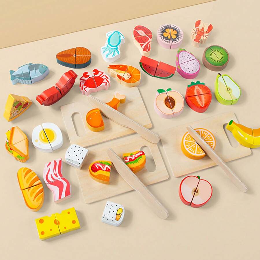 木制幼儿切菜玩具套装，带钩环的益智过家家厨房玩具，角色扮演和早期学习，完美的生日或开斋节礼物 - 彩色 - 查看 1
