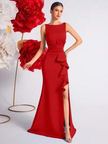 ADYCE Women High Waist Pleated Ruffle Trim Open Back Party Ball Gown Formal Dress,For Prom, Party,Cocktail Party,Date Night,Wedding Guest,Christmas Party Dress