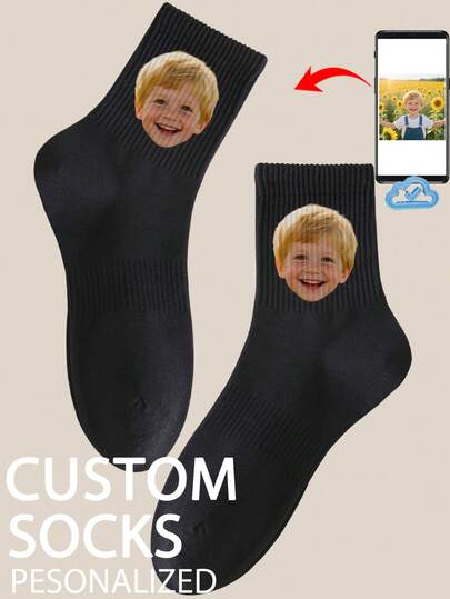 1 Pair Customized Face Print Ankle Socks, Personalized Couple Socks, Photo Printed Socks, Funny Face Design Socks, Customizable For Anniversary, Valentine's Day, Birthday, Wedding, Mother's Day, Father's Day, Gifts For Friends And Family, Autumn Gifts