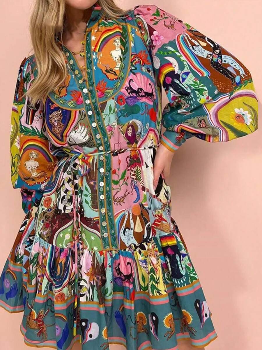 Vintage Art Print Puff Sleeve Button Front Midi Dress With Belt - Nhiều màu - Xem 1