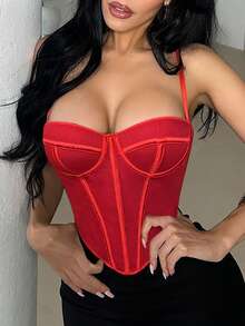 Apperloth A Y2K Sexy Red Corset Boned Going Out Tops For Women Mesh Grommet Eyelet Lace Up Back Backless Adjustable Straps Overbust Bustier Shapewear Crop Cami Tank Top Rave Festival Outfits Halloween Costumes Christmas Clothes - 紅色 - 查看 2